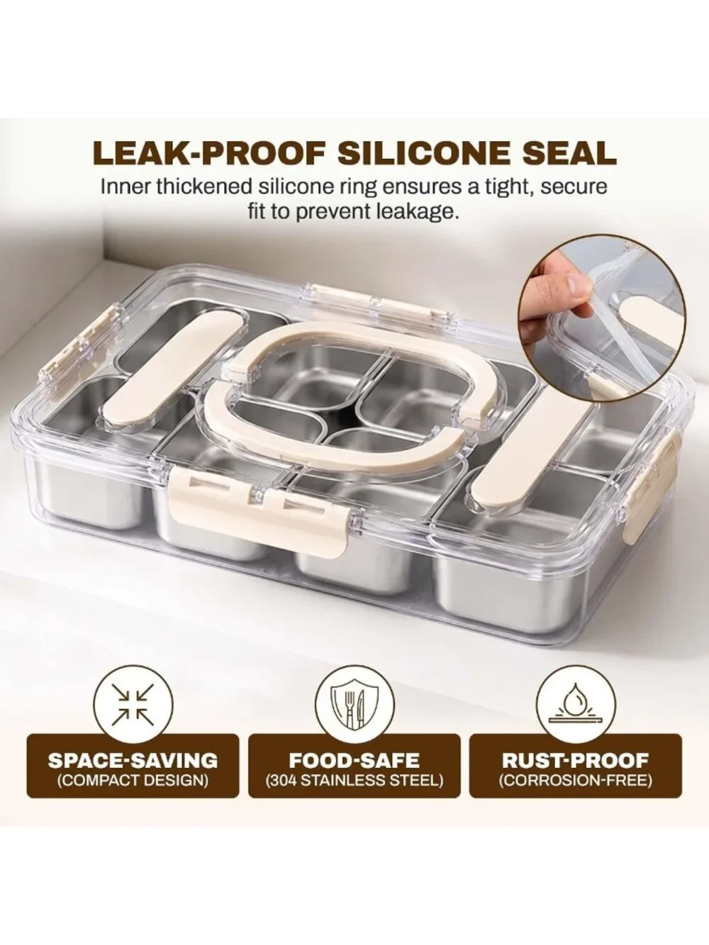 Stainless Steel Snack Organizer Box with Lid & Handle - 8 Compartment Tray for